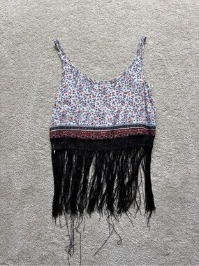 stradivarius White Floral Crop Camisole with Black Fringe